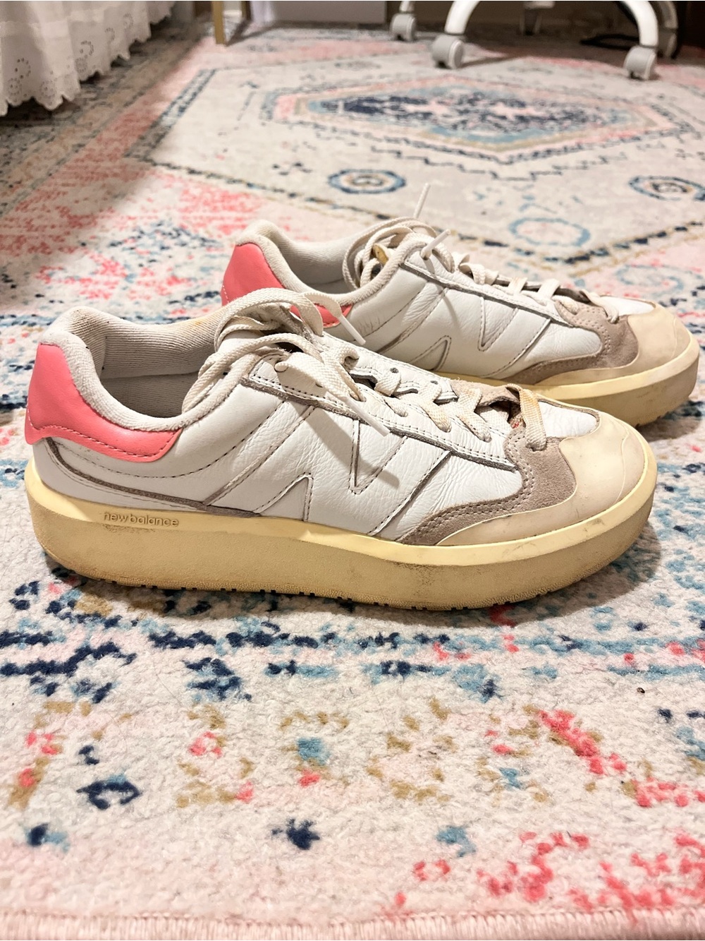 New Balance CT302 Sneakers, Light Blue and Gray with Pink Heel Accent